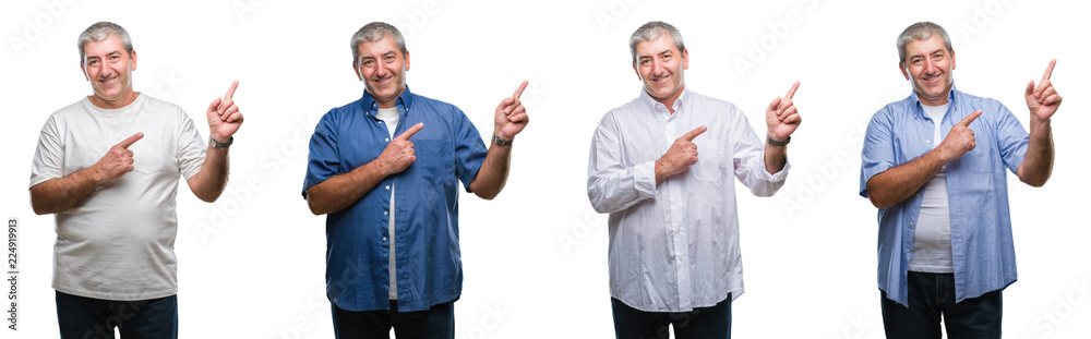 Collage of senior hoary man over white isolated backgroud smiling and looking at the camera pointing with two hands and fingers to the side. Collage of senior hoary man over white isolated backgroud smiling and looking at the camera pointing with two hands and fingers to the side.