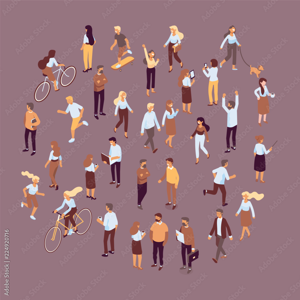 Different isomeric people big vector set isolated on dark bg . Male and female characters walking with dog, riding bicycle and skateboard, Business people.
