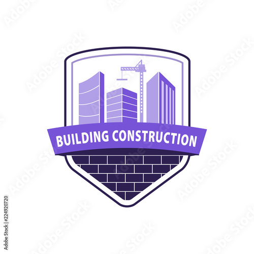 Construction working industry concept. Building construction logo in violet.  High-rise buildings, construction crane on  brick background. Stock vector. Vector illustration EPS10.