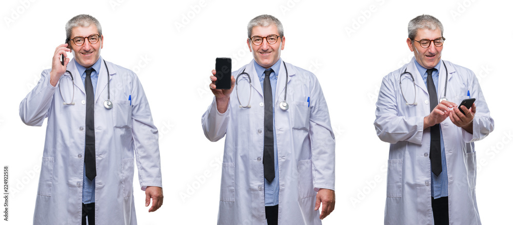 Collage of senior hoary doctor man talking on the phone over white isolated backgroud with a happy face standing and smiling with a confident smile showing teeth Collage of senior hoary doctor man talking on the phone over white isolated backgroud with a happy face standing and smiling with a confident smile showing teeth