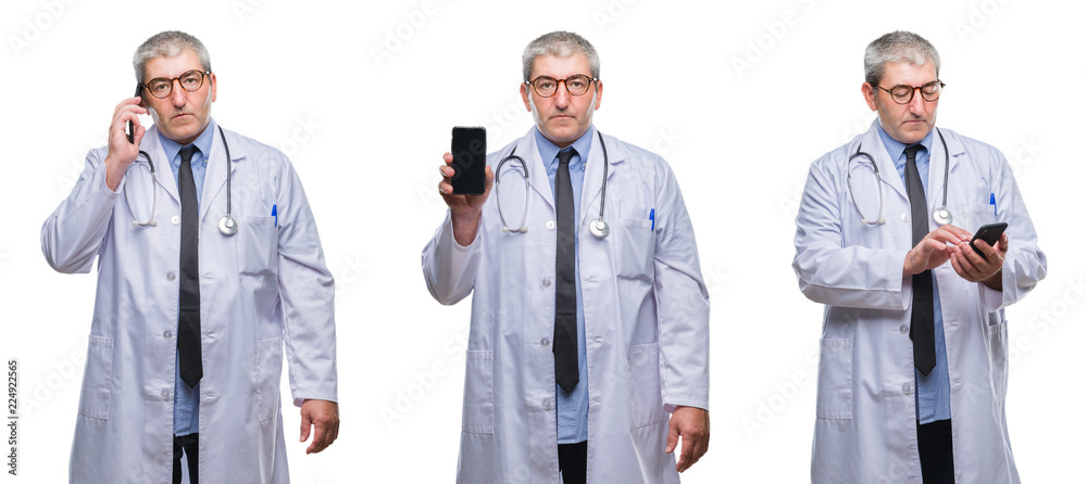 Collage of senior hoary doctor man talking on the phone over white isolated backgroud with a confident expression on smart face thinking serious Collage of senior hoary doctor man talking on the phone over white isolated backgroud with a confident expression on smart face thinking serious