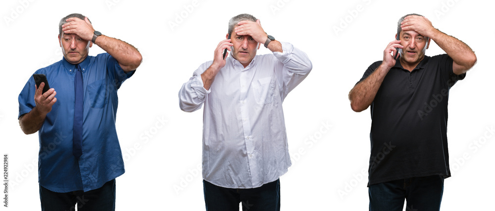 Collage of senior hoary man using smartphone over white isolated backgroud stressed with hand on head, shocked with shame and surprise face, angry and frustrated. Fear and upset for mistake. Collage of senior hoary man using smartphone over white isolated backgroud stressed with hand on head, shocked with shame and surprise face, angry and frustrated. Fear and upset for mistake.