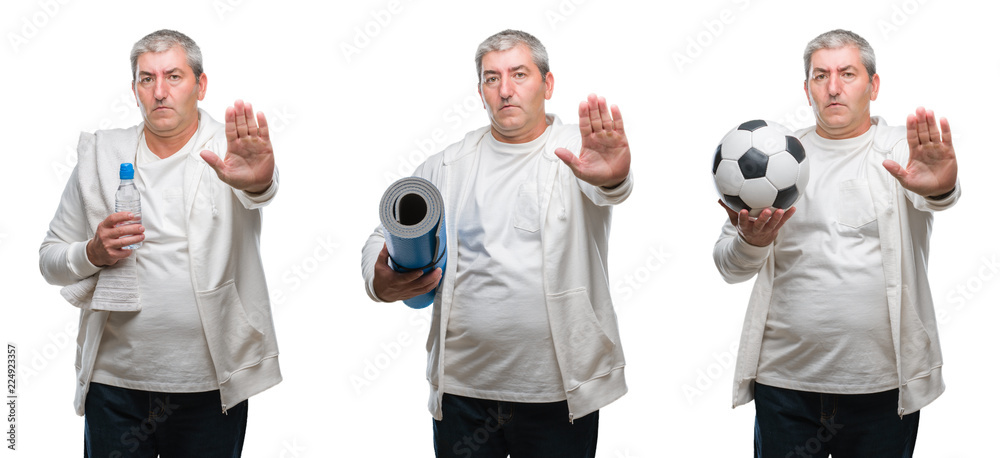 Collage of senior hoary fitness man holding yoga mat and soccer ball over white isolated backgroud with open hand doing stop sign with serious and confident expression, defense gesture