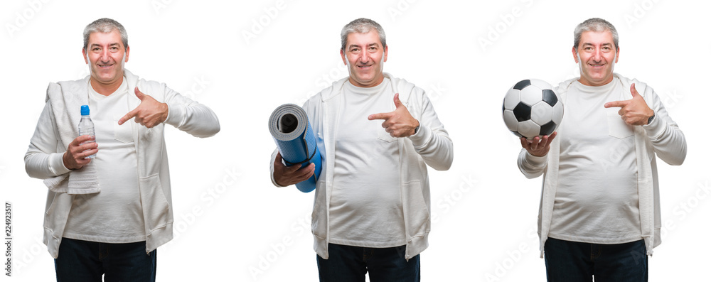 Fototapeta premium Collage of senior hoary fitness man holding yoga mat and soccer ball over white isolated backgroud very happy pointing with hand and finger