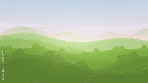 Green landscape summer rural valley nature banner hills template with sky, mountains, bushes and meadows