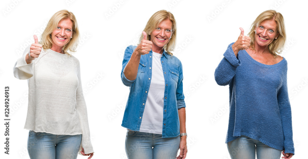 Obraz premium Collage of beautiful middle age blonde woman over white isolated backgroud doing happy thumbs up gesture with hand. Approving expression looking at the camera with showing success.