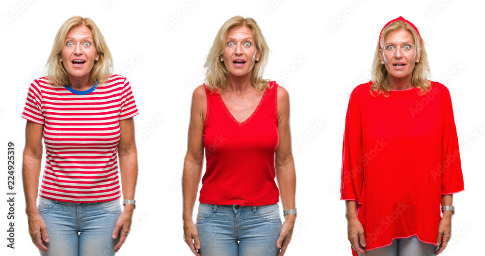 Collage of beautiful middle age blonde woman over white isolated backgroud afraid and shocked with surprise expression, fear and excited face. Collage of beautiful middle age blonde woman over white isolated backgroud afraid and shocked with surprise expression, fear and excited face.
