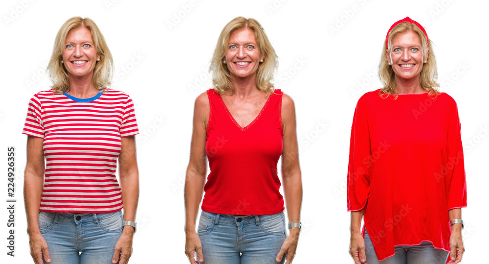 Collage of beautiful middle age blonde woman over white isolated backgroud with a happy and cool smile on face. Lucky person. Collage of beautiful middle age blonde woman over white isolated backgroud with a happy and cool smile on face. Lucky person.