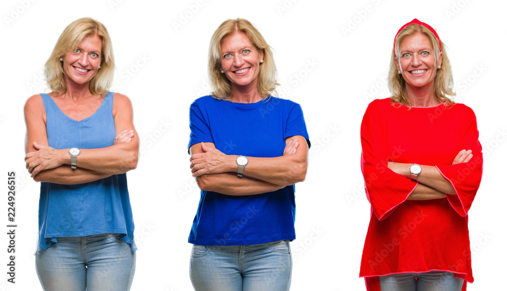 Collage of beautiful middle age blonde woman over white isolated backgroud happy face smiling with crossed arms looking at the camera. Positive person.