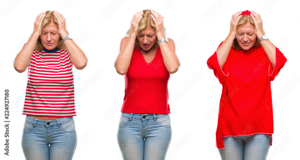 Collage of beautiful middle age blonde woman over white isolated backgroud suffering from headache desperate and stressed because pain and migraine. Hands on head.