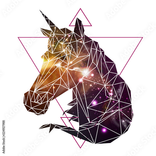Abstract polygonal tirangle fantasy animal unicorn on open space background. Hipster animal illustration. photo