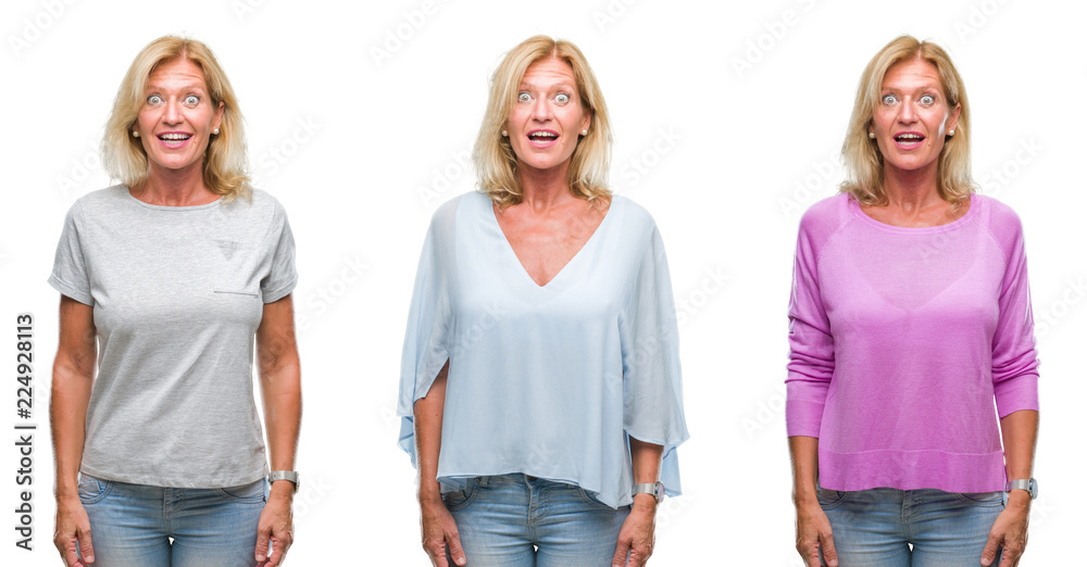 Fototapeta premium Collage of beautiful middle age blonde woman over white isolated backgroud afraid and shocked with surprise expression, fear and excited face.