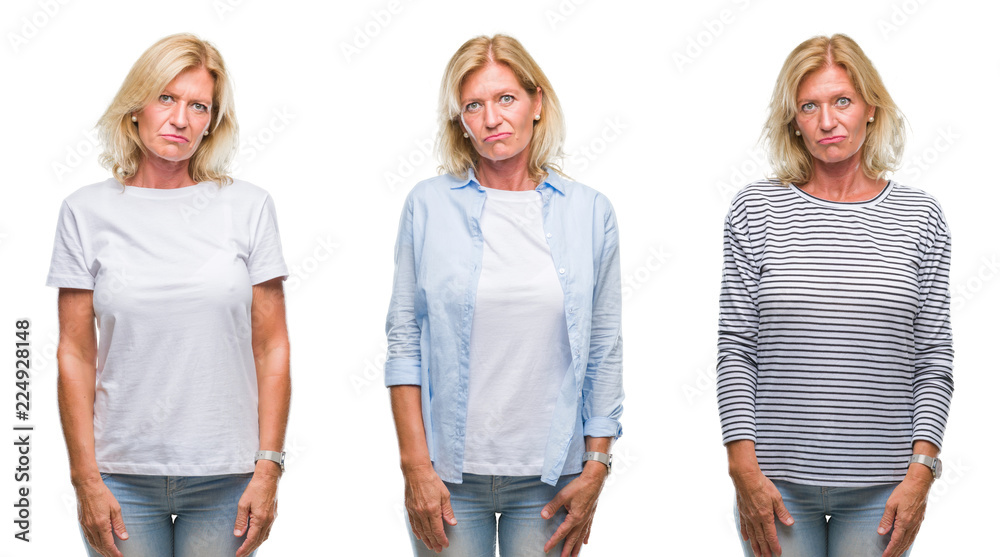 Collage of beautiful middle age blonde woman over white isolated backgroud depressed and worry for distress, crying angry and afraid. Sad expression. Collage of beautiful middle age blonde woman over white isolated backgroud depressed and worry for distress, crying angry and afraid. Sad expression.