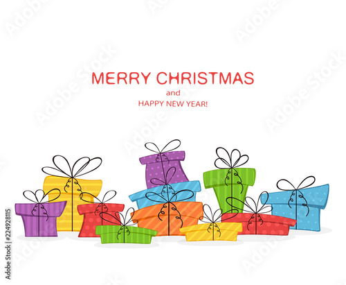Colorful presents and lettering Merry Christmas on White Background