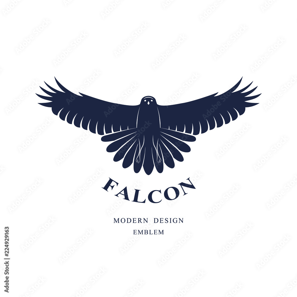 Obraz premium Flying Falcon. Elegant logo template. Silhouette of a wild bird with spread wings. Retro style. Art emblem. Vector illustration