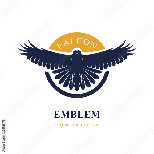 Flying Falcon. Elegant logo template. Silhouette of a wild bird with spread wings. Retro style. Art emblem. Vector illustration