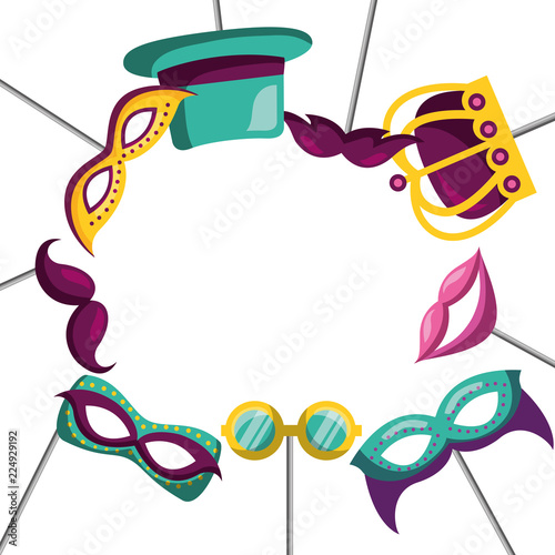 carnival masks glasses hat crown in sticks festive