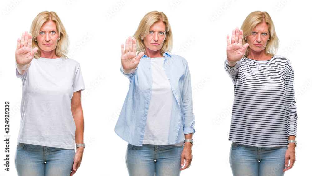 Collage of beautiful middle age blonde woman over white isolated backgroud doing stop sing with palm of the hand. Warning expression with negative and serious gesture on the face.