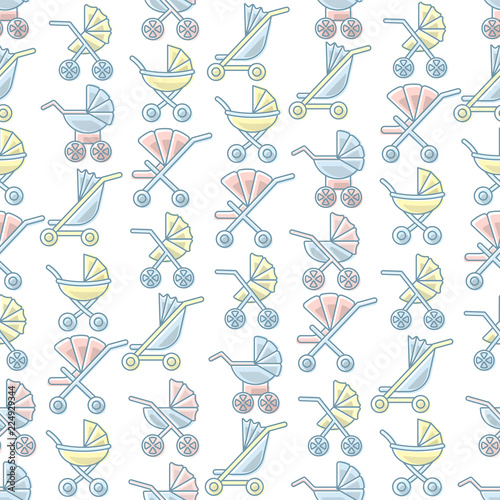 Vector linear seamless pattern with baby carriages and strollers. Suitable for wallpaper, wrapping or textile