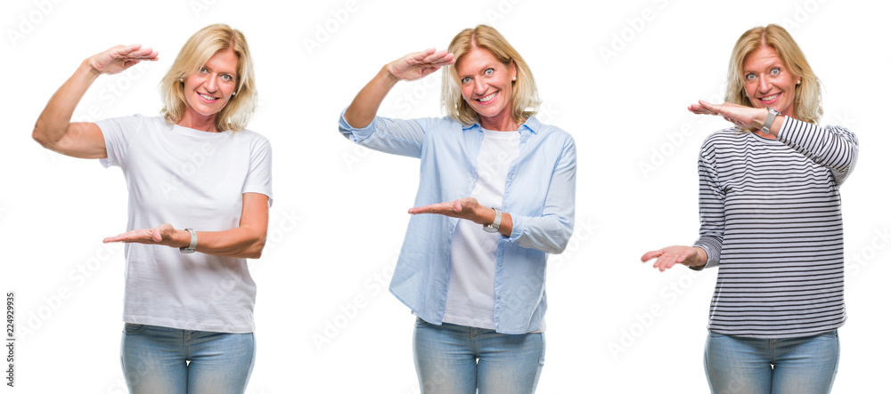 Collage of beautiful middle age blonde woman over white isolated backgroud gesturing with hands showing big and large size sign, measure symbol. Smiling looking at the camera. Measuring concept.