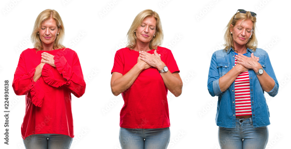 Collage of beautiful middle age blonde woman over white isolated backgroud smiling with hands on chest with closed eyes and grateful gesture on face. Health concept.