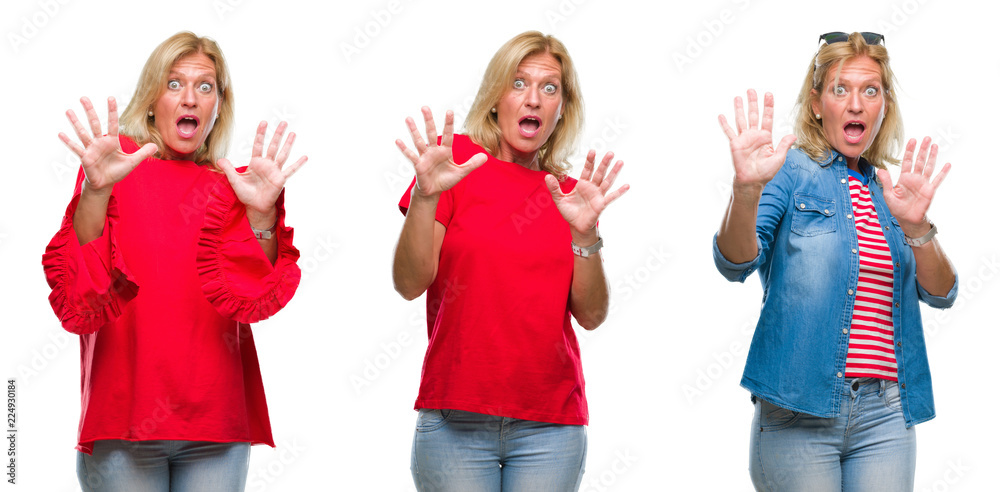 Collage of beautiful middle age blonde woman over white isolated backgroud afraid and terrified with fear expression stop gesture with hands, shouting in shock. Panic concept.