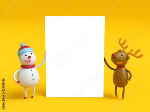 3d render, snowman and reindeer holding blank page, Christmas greeting card, festive banner template, holiday yellow background, digital illustration
