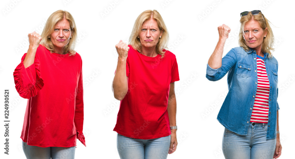 Fototapeta premium Collage of beautiful middle age blonde woman over white isolated backgroud angry and mad raising fist frustrated and furious while shouting with anger. Rage and aggressive concept.