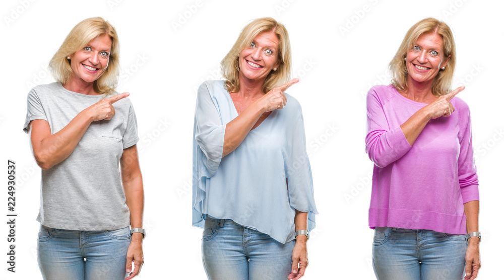 Collage of beautiful middle age blonde woman over white isolated backgroud cheerful with a smile of face pointing with hand and finger up to the side with happy and natural expression on face