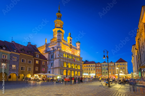 Architecture of the Main Square in Poznan at night, Poland.