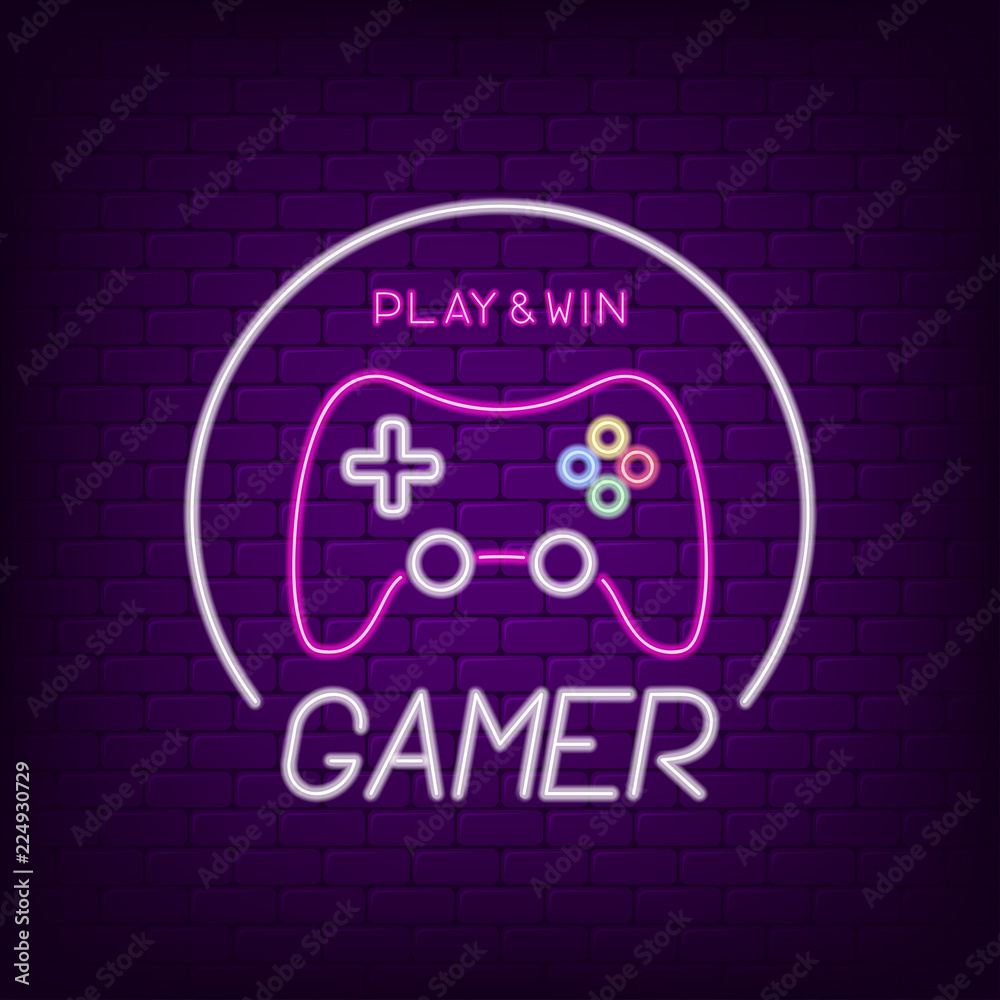 Game controller neon sign. Neon light signboard for gamer logo with bright  gamepad. Vector illustration. Stock Vector | Adobe Stock