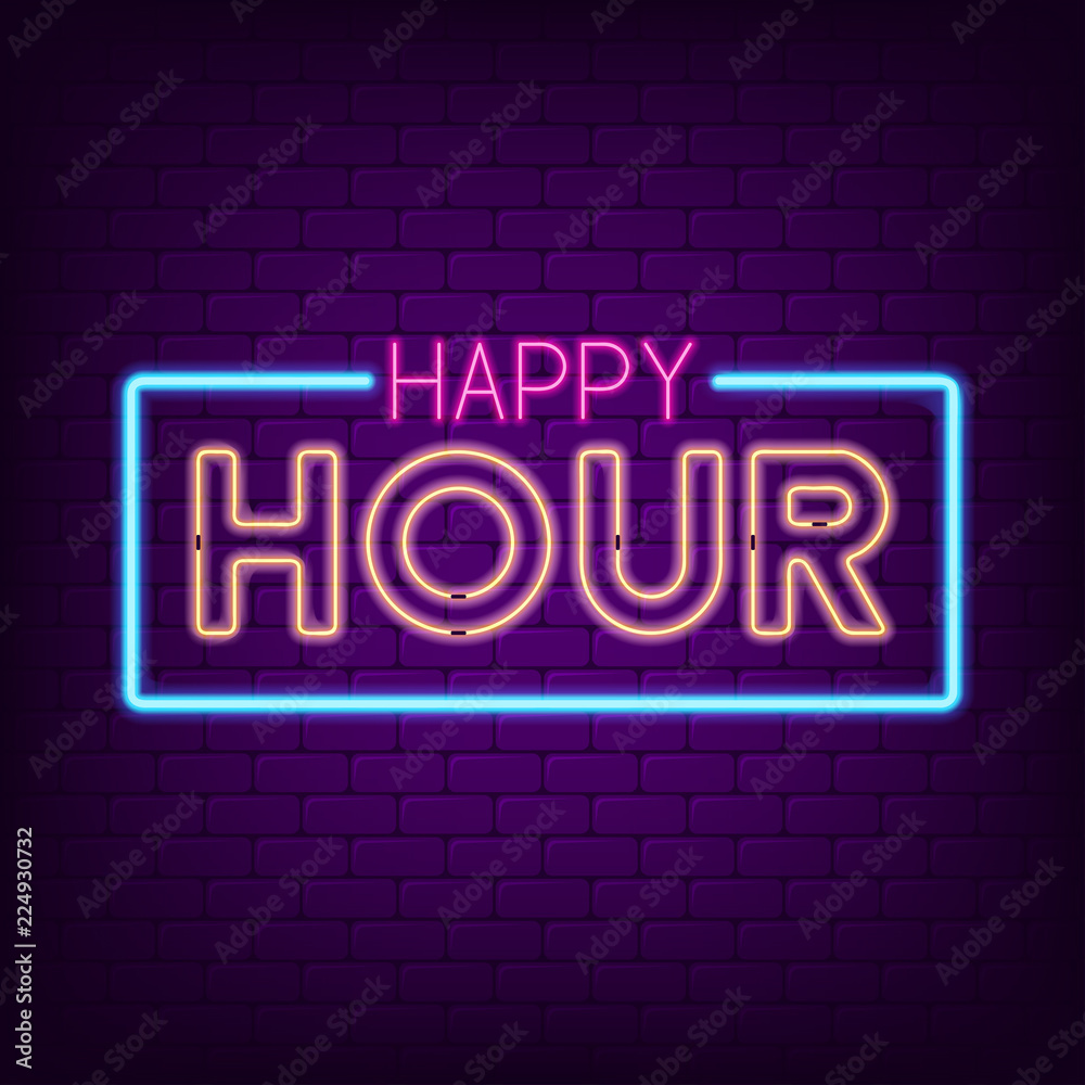 Obraz premium Happy hour neon sign. Night bright advertising neon signboard. Vector illustration.