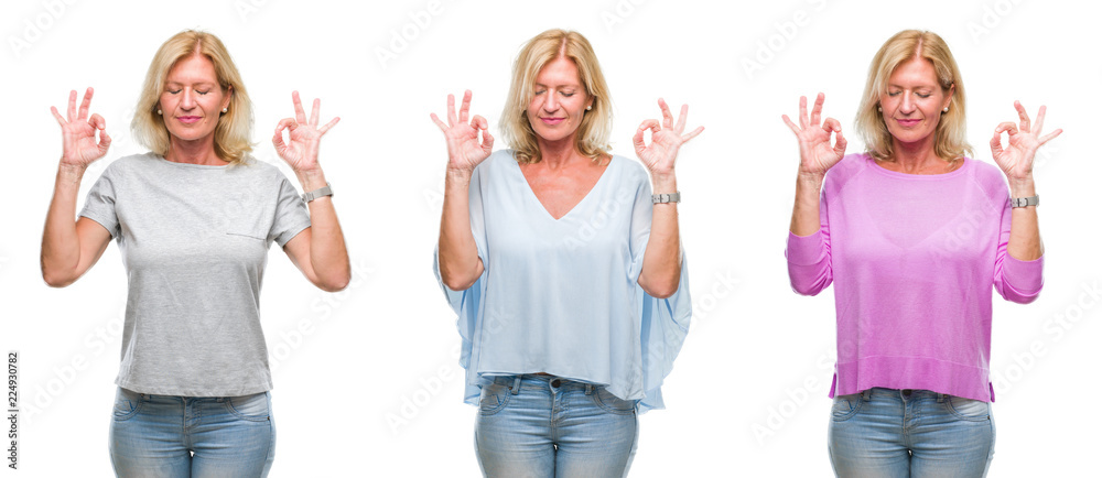Collage of beautiful middle age blonde woman over white isolated backgroud relax and smiling with eyes closed doing meditation gesture with fingers. Yoga concept.