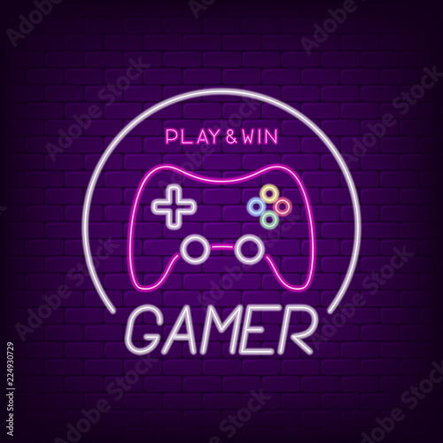 Game controller neon sign. Neon light signboard for gamer logo with bright gamepad. Vector illustration.