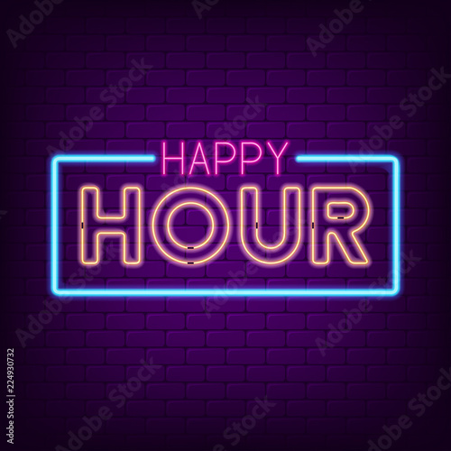 Happy hour neon sign. Night bright advertising neon signboard. Vector illustration.