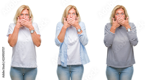 Collage of beautiful middle age blonde woman over white isolated backgroud shocked covering mouth with hands for mistake. Secret concept.