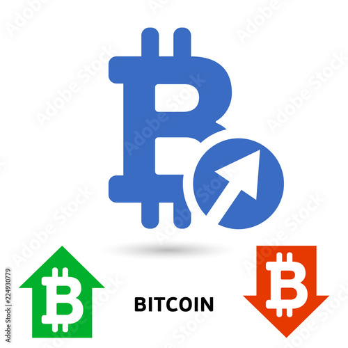 Bitcoin symbol in flat design for internet money. Symbol of the downfall or raising of currency. Blue icon Vector illustration isolated on white background.