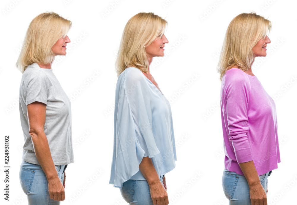 Collage of beautiful middle age blonde woman over white isolated backgroud looking to side, relax profile pose with natural face with confident smile. Collage of beautiful middle age blonde woman over white isolated backgroud looking to side, relax profile pose with natural face with confident smile.
