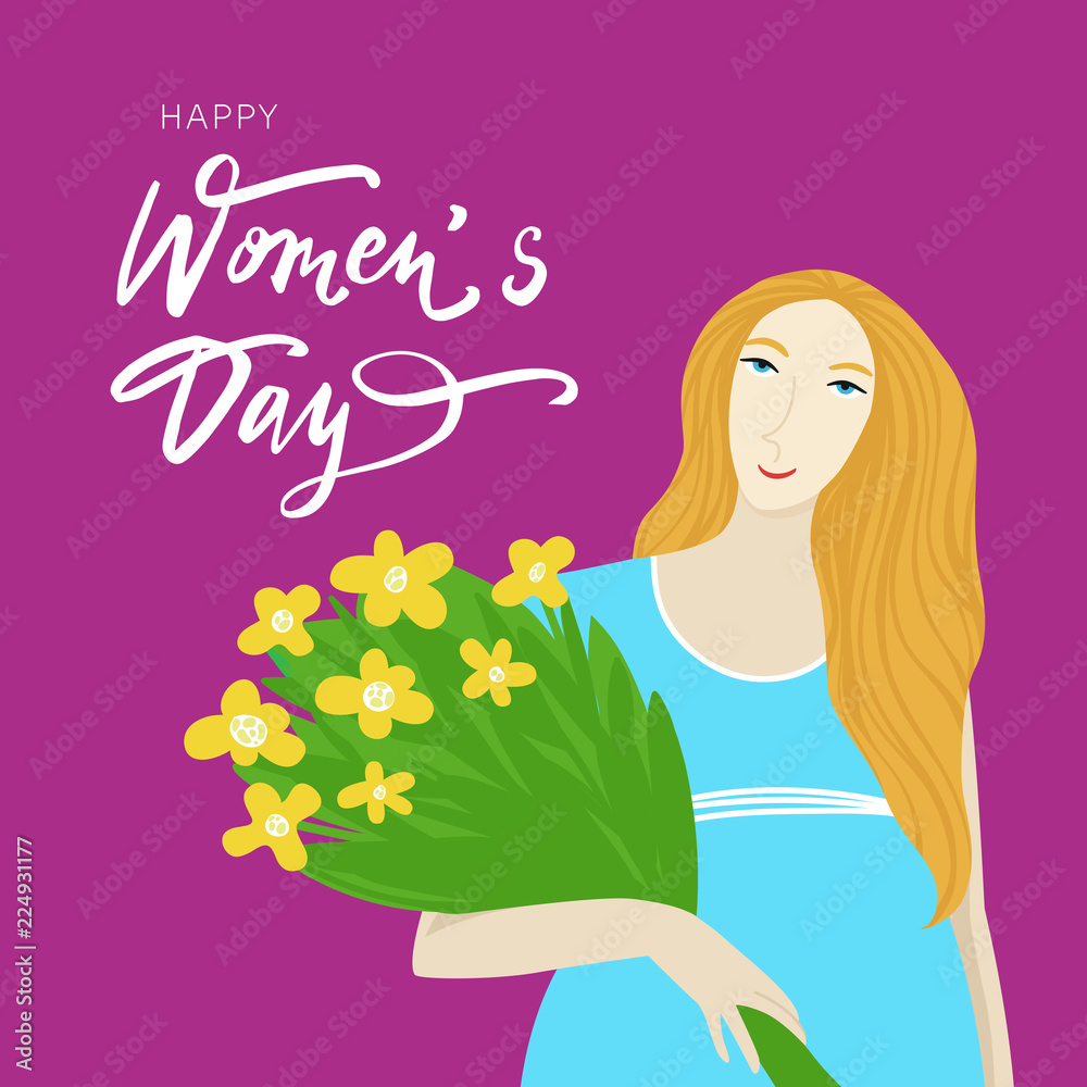 Girl with bouquet of flowers - Vector cartoon postcard for women's day holiday. Girl with bouquet of flowers - Vector cartoon postcard for women's day holiday.