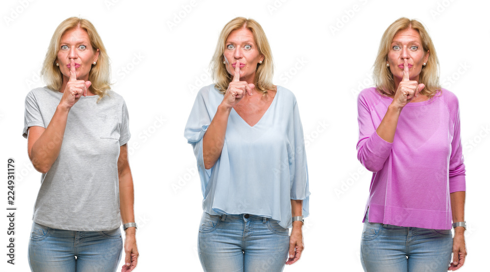 Collage of beautiful middle age blonde woman over white isolated backgroud asking to be quiet with finger on lips. Silence and secret concept. Collage of beautiful middle age blonde woman over white isolated backgroud asking to be quiet with finger on lips. Silence and secret concept.