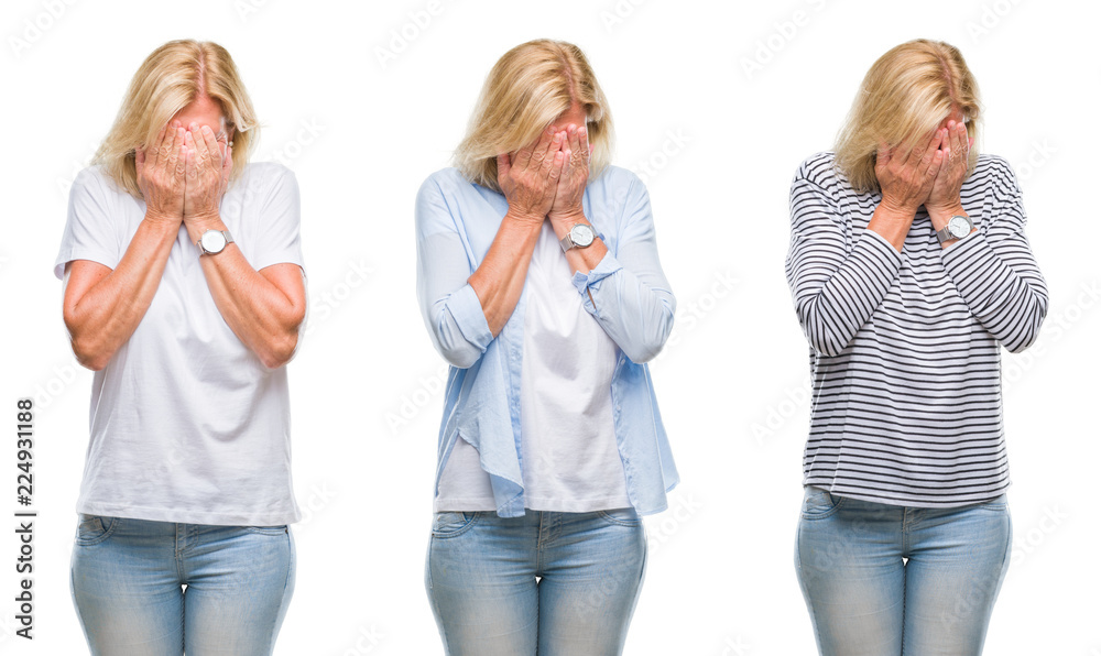 Collage of beautiful middle age blonde woman over white isolated backgroud with sad expression covering face with hands while crying. Depression concept. Collage of beautiful middle age blonde woman over white isolated backgroud with sad expression covering face with hands while crying. Depression concept.