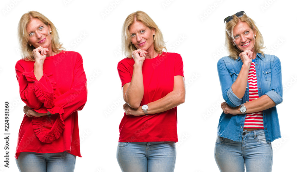 Collage of beautiful middle age blonde woman over white isolated backgroud looking confident at the camera with smile with crossed arms and hand raised on chin. Thinking positive. Collage of beautiful middle age blonde woman over white isolated backgroud looking confident at the camera with smile with crossed arms and hand raised on chin. Thinking positive.