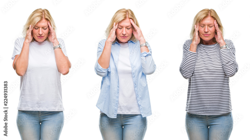 Collage of beautiful middle age blonde woman over white isolated backgroud with hand on head for pain in head because stress. Suffering migraine. Collage of beautiful middle age blonde woman over white isolated backgroud with hand on head for pain in head because stress. Suffering migraine.