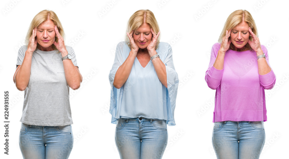 Collage of beautiful middle age blonde woman over white isolated backgroud with hand on head for pain in head because stress. Suffering migraine. Collage of beautiful middle age blonde woman over white isolated backgroud with hand on head for pain in head because stress. Suffering migraine.