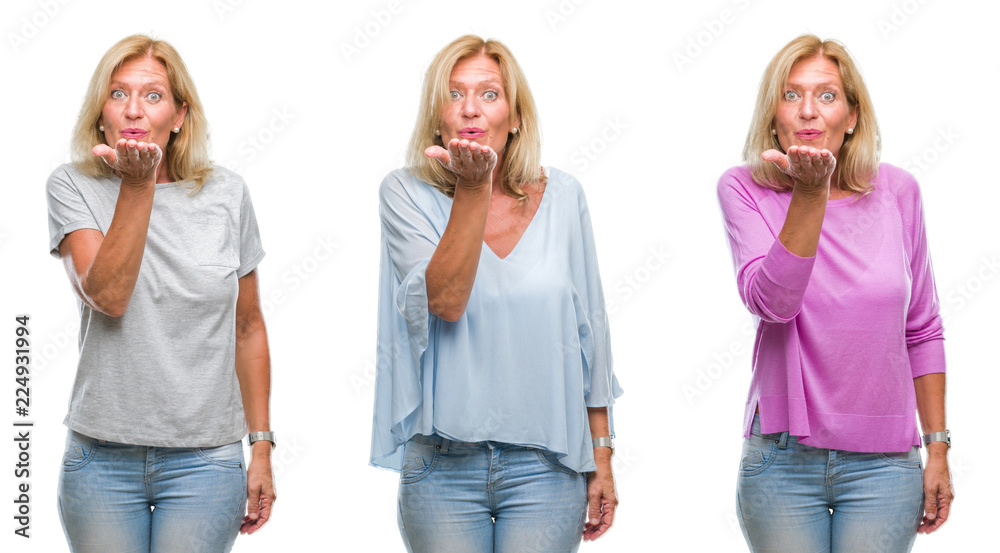 Collage of beautiful middle age blonde woman over white isolated backgroud looking at the camera blowing a kiss with hand on air being lovely and sexy. Love expression. Collage of beautiful middle age blonde woman over white isolated backgroud looking at the camera blowing a kiss with hand on air being lovely and sexy. Love expression.