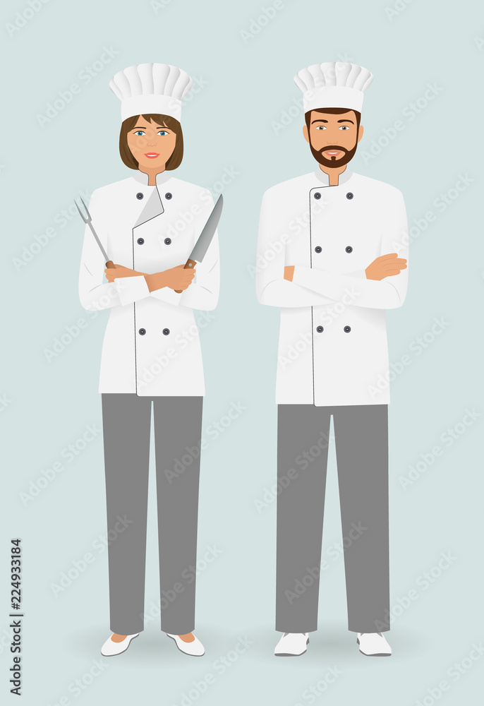 Cooking food characters. Couple of male and female chefs standing together with utensil. Restaurant team concept. Cooking food characters. Couple of male and female chefs standing together with utensil. Restaurant team concept.
