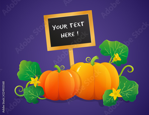 Colorful pumpkins and yellow flowers with a chalkboard sign. Isolated on violet background. Vector illustration.