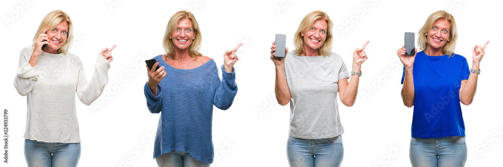 Collage of beautiful middle age blonde woman using smartphone over white isolated backgroud very happy pointing with hand and finger to the side