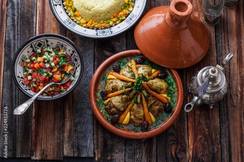 Morrocan cuisine chicken tajine, couscous and salad