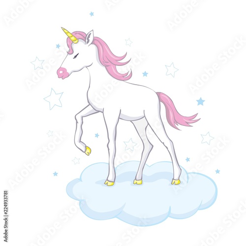 Cute vector unicorn. Magic character with pink mane surrounded by star dust for sticker  card  t-shirt and funny children s design.